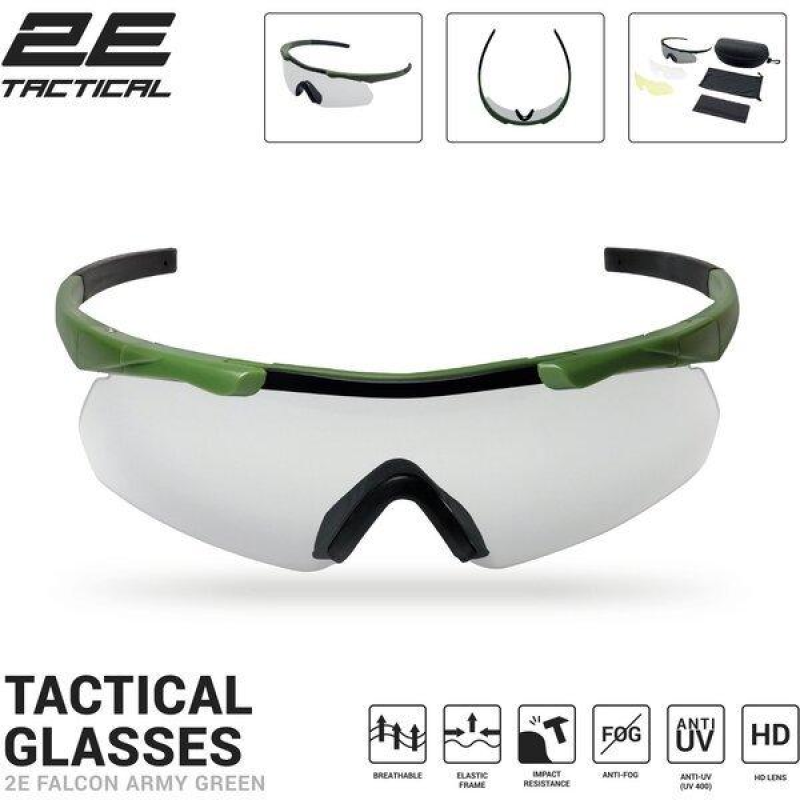 Окуляри тактичні, захисні 2E Falcon Army Green з EVA-футляром, 3 лінзи