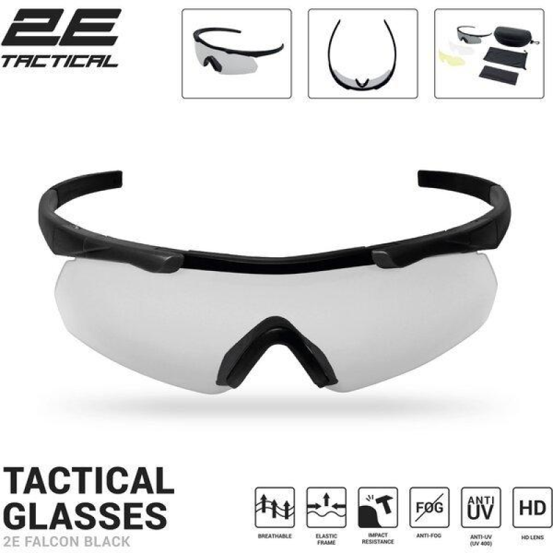 Окуляри тактичні, захисні 2E Falcon Black з EVA-футляром, 3 лінзи