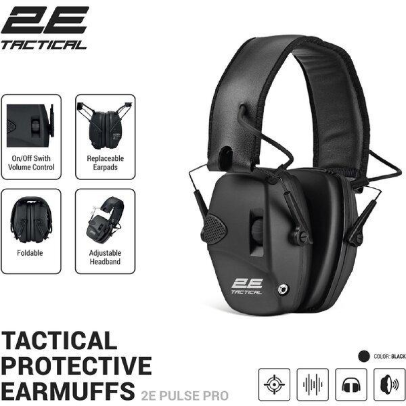 Тактичні захисні навушники 2E Pulse Pro Black NRR 22 dB, активні