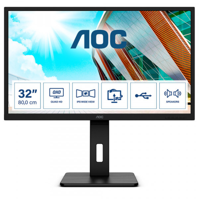 TFT 31.5“ AOC Q32P2CA, IPS, QHD, 75Гц, 4мс, DP, HDMIx 2, USB hub, USB-C, HAS, Pivot, колонки, чорний (Q32P2CA) TFT 31.5“ AOC Q32P2CA, IPS, QHD, 75Гц, 4мс, DP, HDMIx 2, USB hub, USB-C, HAS, Pivot, колонки, чорний (Q32P2CA)