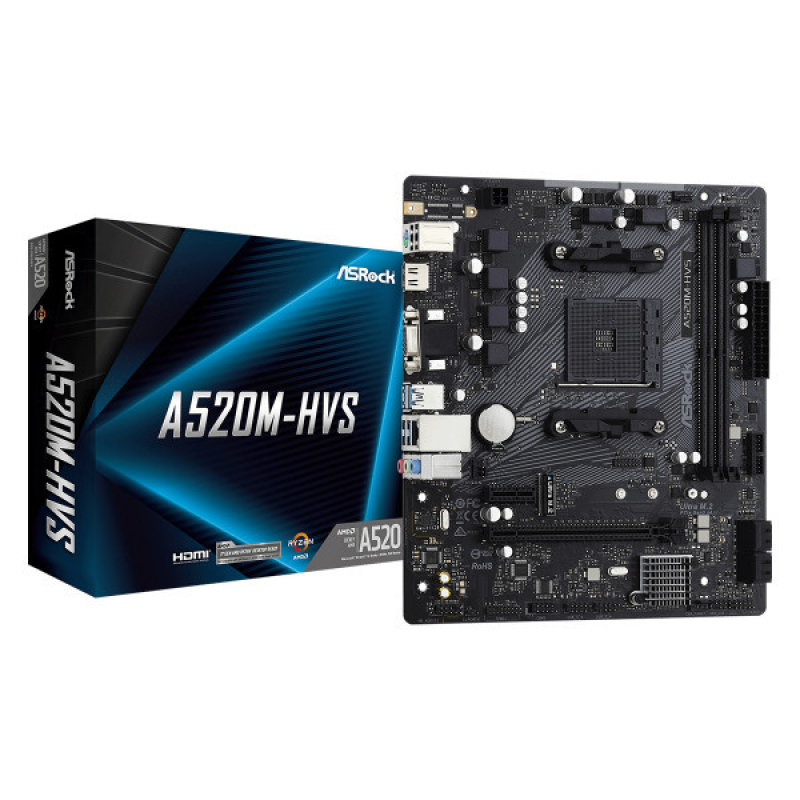 ASRock A520M-HVS (AM4/A520, 2*DDR4, PCIex16, D-Sub/HDMI, 4xSATAІІІ, M.2, GLan, 8ch, mATX) (A520M-HVS)