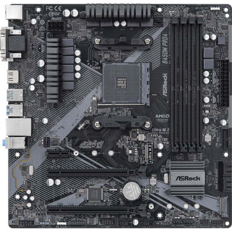 ASRock B450M Pro4 R2.0 (AM4/B450, 4*DDR4, 2xPCIex16, DVI-D/HDMI/VGA, 4xSATAІІІ, M.2, GLan, 8ch, mATX (B450M