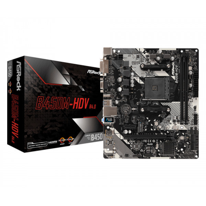 ASRock B450M-HDV R4.0 (AM4/B450, 2*DDR4, PCIex16, DVI-D/HDMI/VGA, 4xSATAІІІ, M.2, GLan, 8ch, mATX) (B450M-HDV