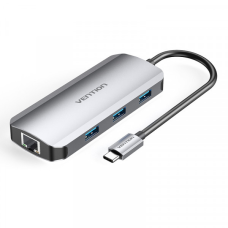 Док-станція USB3.1 Type-C --> HDMI/USB 3.0x3/RJ45/PD 100W Hub 6-in-1 Vention (TOHHB)
