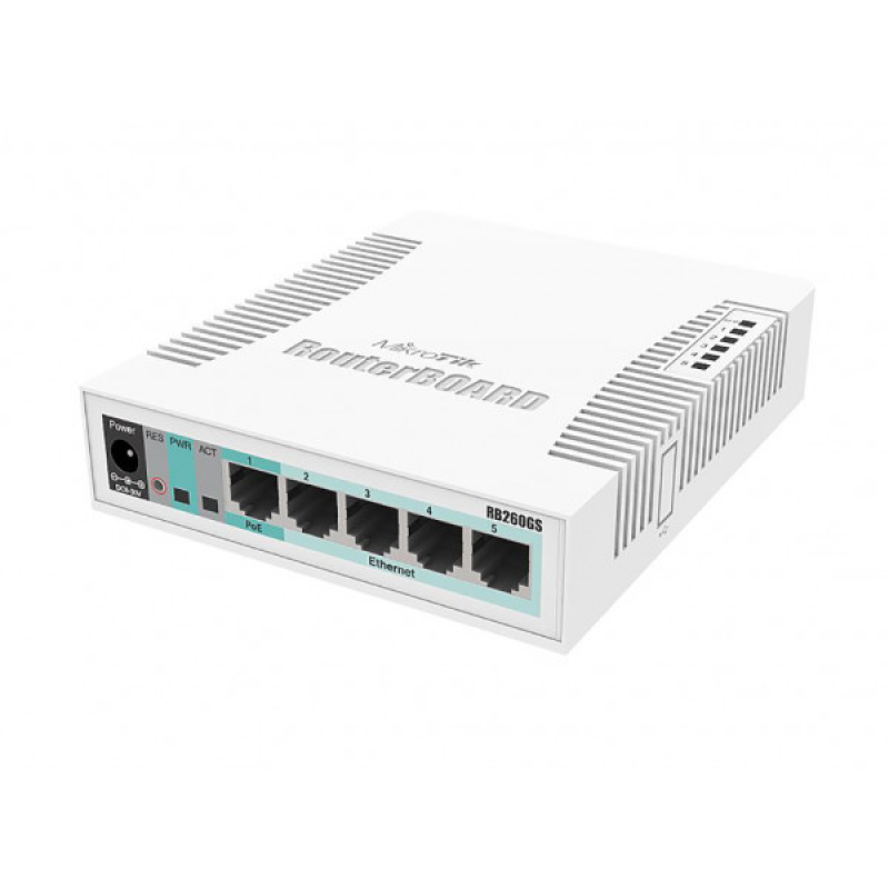 Комутатор Mikrotik RB260GS, 5-port Gigabit smart switch with SFP cage, SwOS, plastic case, PSU (CSS106-5G-1S) Комутатор Mikrotik RB260GS, 5-port Gigabit smart switch with SFP cage, SwOS, plastic case, PSU (CSS106-5G-1S)