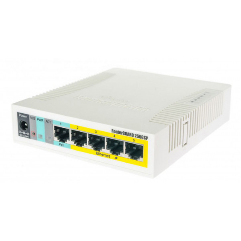 Комутатор Mikrotik RB260GSP, 5-port Gigabit smart switch with SFP cage, SwOS, plastic case, PSU Комутатор Mikrotik RB260GSP, 5-port Gigabit smart switch with SFP cage, SwOS, plastic case, PSU