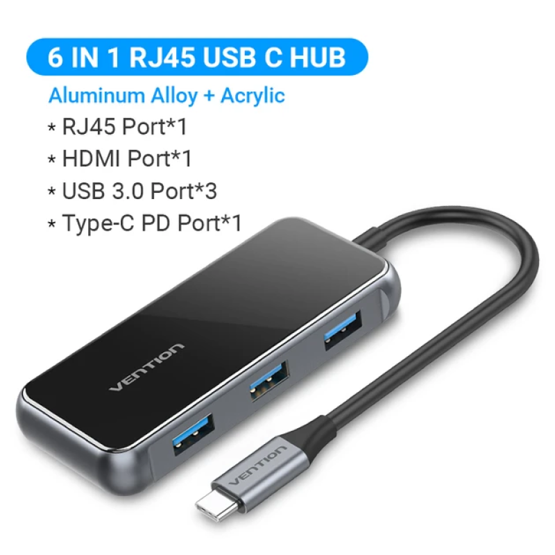 Док-станція USB 3.1 Type-C --> HDMI 4K60Hz/USB 3.0х3/RJ45/PD 87W 6-in-1 Mirrored Surface Vention Док-станція USB 3.1 Type-C --> HDMI 4K60Hz/USB 3.0х3/RJ45/PD 87W 6-in-1 Mirrored Surface Vention