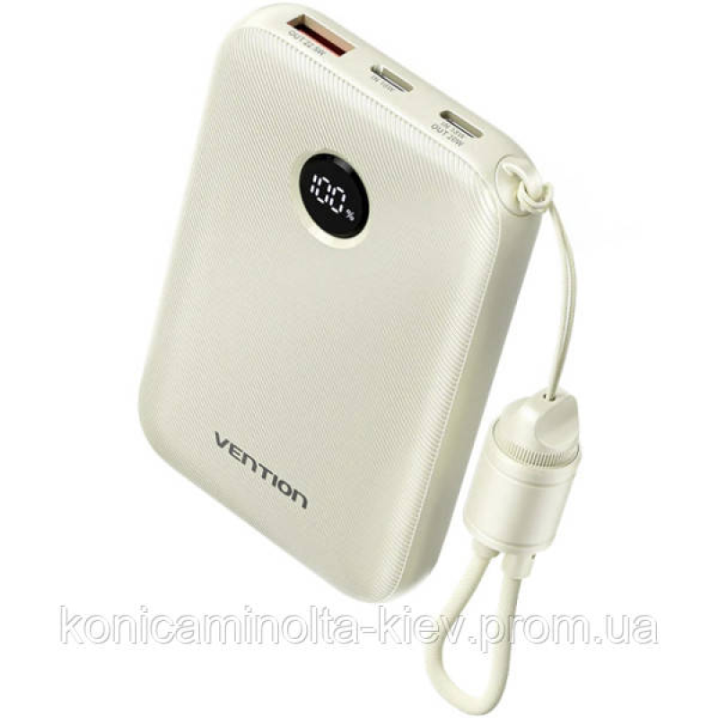 УМБ Vention 10000mAh 22,5W Fast Charging, USB-A, 2xUSB-C, with built-in USB-C cable, Beige