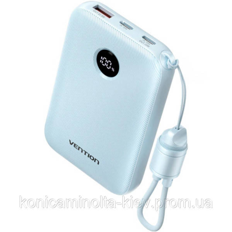 УМБ Vention 10000mAh 22,5W Fast Charging, USB-A, 2xUSB-C, with built-in USB-C cable, Blue