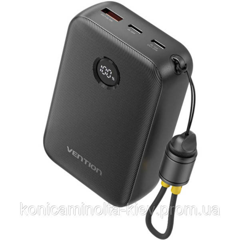УМБ Vention 20000mAh 22,5W Fast Charging, USB-A, 2xUSB-C, with built-in USB-C cable, Black